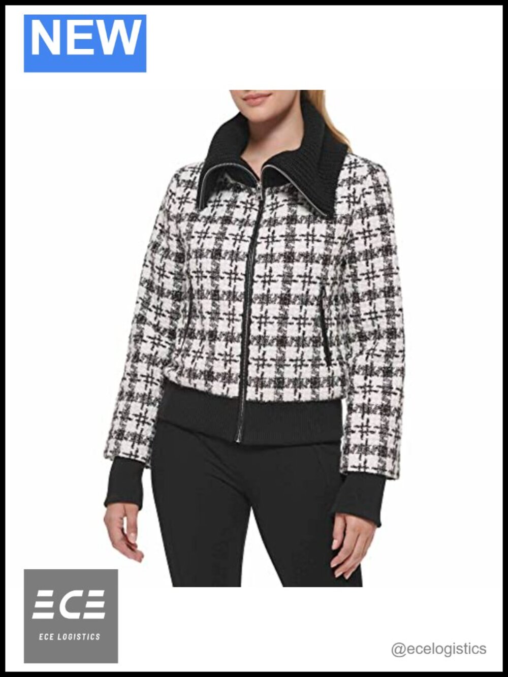 Karl Lagerfeld Paris Women's Bomber Jacket Knit Collar Houndstooth Fall Coat